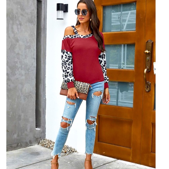 Leopard Sleeve Panel One Shoulder Peek a Boo Top - Picture 1 of 3